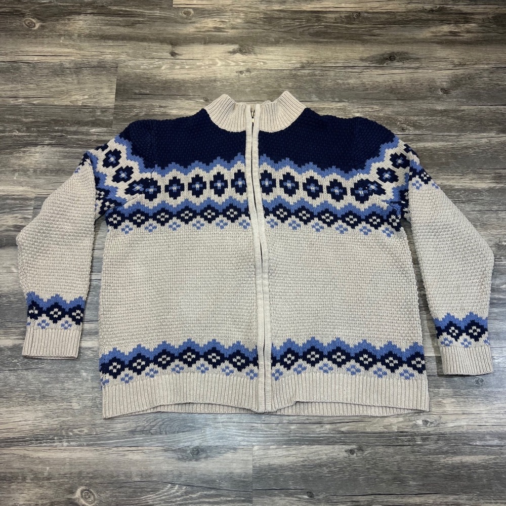 NorthCrest Classic‎ Nordic Fair Isle Zip Sweater Oatmeal Blue Cabin Core Knit